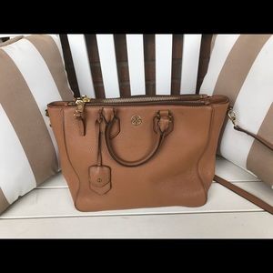 Tory Burch Robinson Square Pebbled Tote Tigers Eye